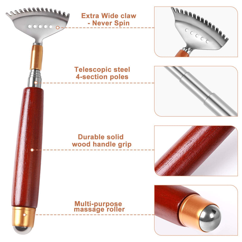 Aznrszy Back Scratcher, Best Back Scratcher for Women Men Adults Extendable with Massage Bead, Solid Wood Handle and Upgraded Widen 304 Stainless Steel Claw, Handheld Massager for Face Neck Foot 1pc - BeesActive Australia