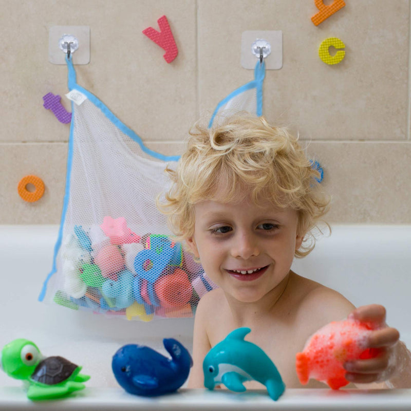COSY ANGEL Baby Bath Toy Bag for Bath Toys Large Organiser Bathroom Storage Net with 4 Waterproof Self Adhesive Hooks (Blue) Blue - BeesActive Australia