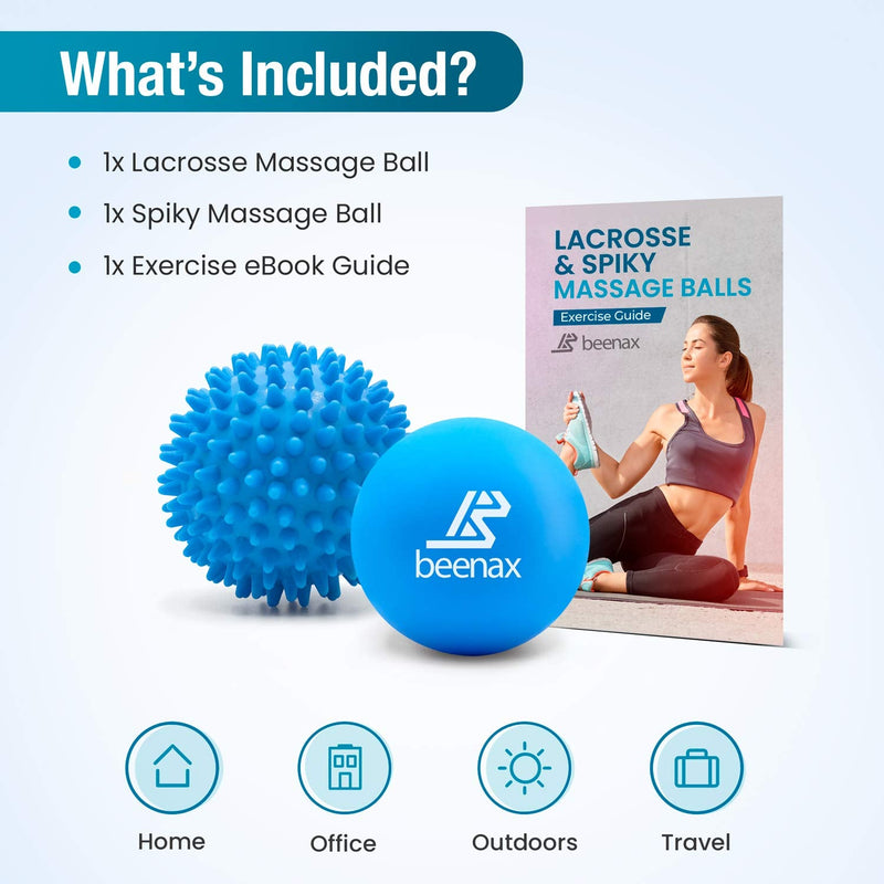 Beenax Lacrosse & Spiky Massage Ball Set - Perfect for Trigger Point Therapy, Myofascial Release, Plantar Fasciitis, Deep Tissue and Muscle Relief - Designed to Relieve Stress and Relax Tight Muscle Blue - BeesActive Australia
