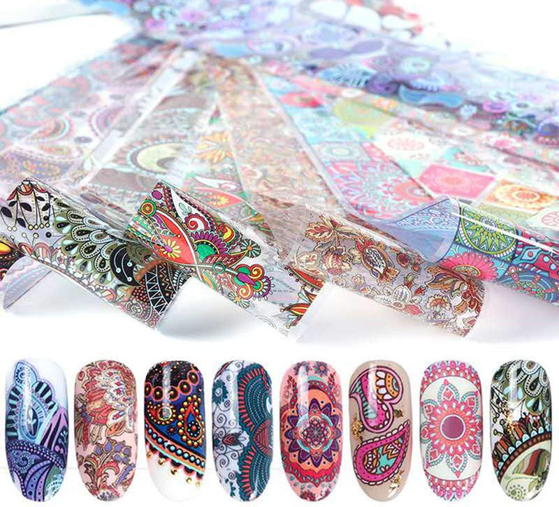 Valuu 50 Sheets Nail Art Foil Transfer Stickers Laser Flower Leopard Print Nail Foil Adhesive Decals Starry Sky Manicure Transfer Tips Nail Art DIY Decoration Kit - BeesActive Australia