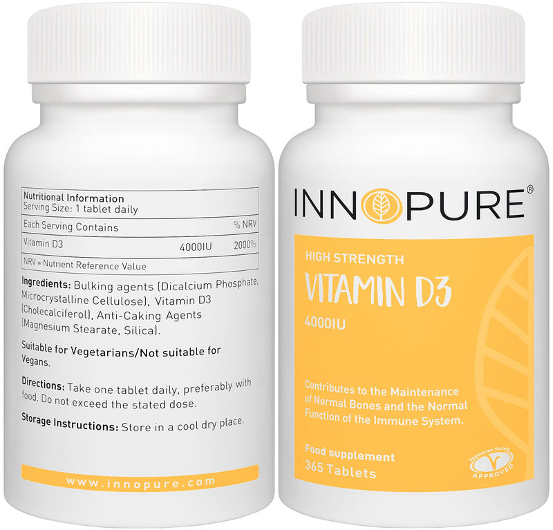 Innopure Vitamin D 4000 IU - High Strength D3 Supplement - 365 Tablets, 1 Year Supply - Vegetarian Society Approved - Made in the UK - BeesActive Australia