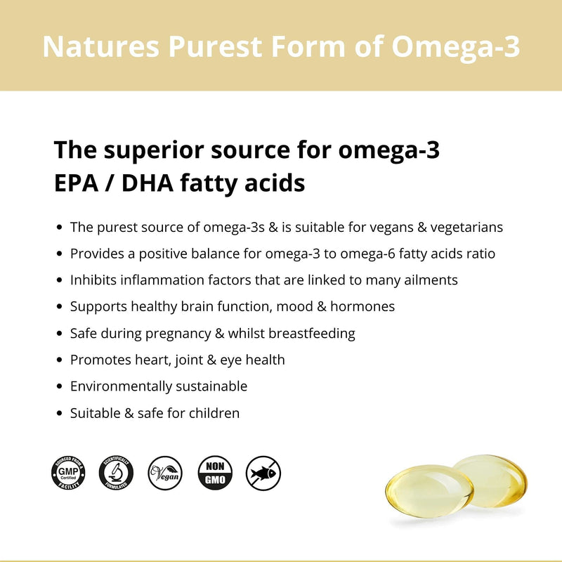 Vegan Omega 3-1200mg Fermented Algae Oil - High Strength EPA DHA - Natures Purest Omega Fatty Acids - Contaminant-Free Alternative to Fish Oil, Cod Liver Oil or Krill Oil - 60 Softgels by Wellology - BeesActive Australia