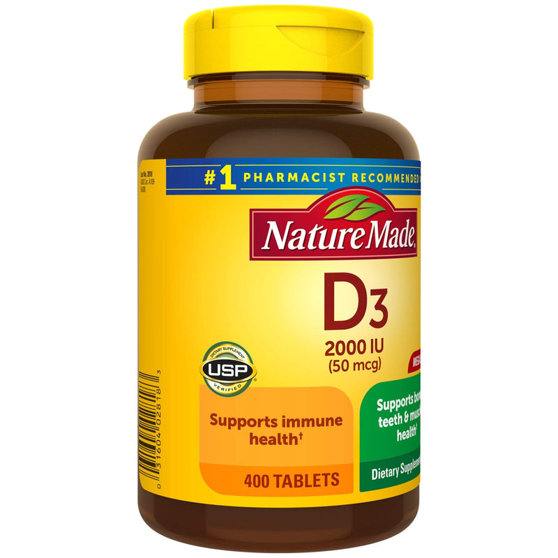Nature Made Vitamin D3, 400 Tablets Mega Size, Vitamin D 2000 IU (50 mcg) Helps Support Immune Health, Strong Bones and Teeth, & Muscle Function, 250% of Daily Value for Vitamin D in One Daily Tablet 400 Count (Pack of 1) - BeesActive Australia