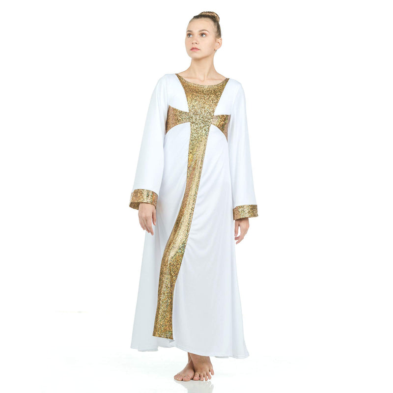 [AUSTRALIA] - Danzcue Praise Cross Long Sleeve Dress White-gold Small-Medium 