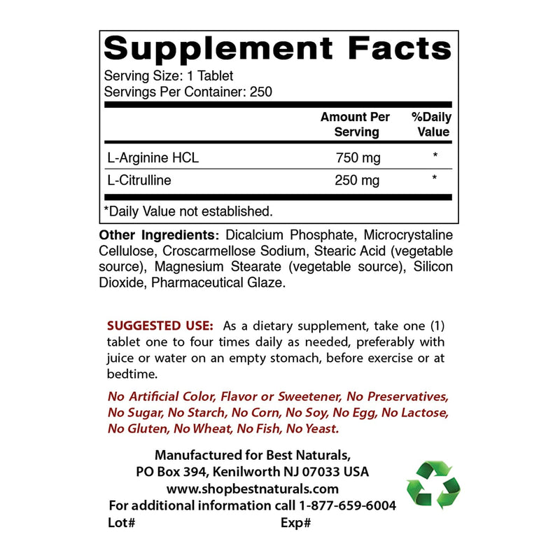 Best Naturals L-Arginine L-Citrulline Complex 1000 mg 250 Tablets (250 Count (Pack of 1)) 250 Count (Pack of 1) - BeesActive Australia