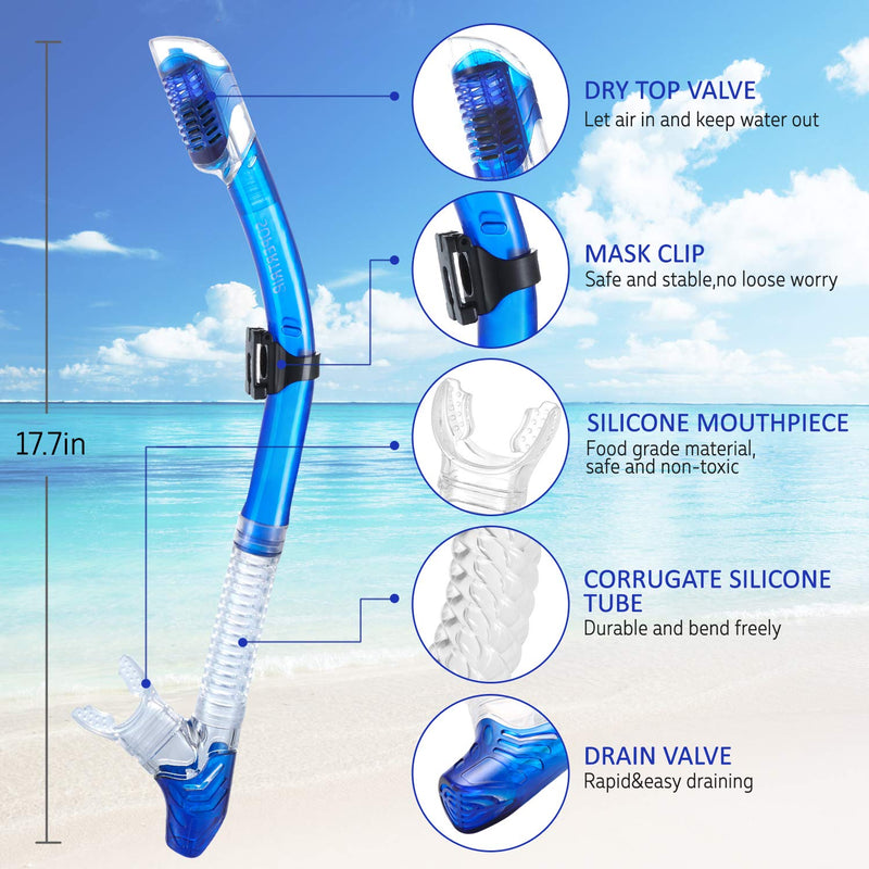 [AUSTRALIA] - Supertrip Snorkel Set Adults-Anti-Fog Film Scuba Diving Mask Impact Resistant Panoramic Tempered Glass Easybreath Anti-Leak Dry Top Snorkeling Packages with Waterproof Case & Carrying Bag Blue 