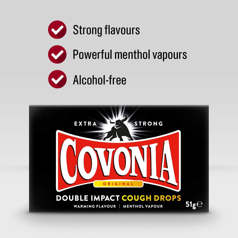 Covonia Double Impact Cough Drops Original 51g Extra Strong warming flavour and menthol vapour - BeesActive Australia