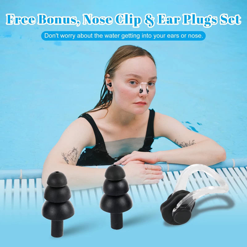 2 Pack Lycra Swim Caps for Women Men, High Elasticity Spandex Fabric Swimming Caps for Long/Short Hair, Comfortable Swim Hats with Ear Plugs & Nose Clip Black+Blue - BeesActive Australia