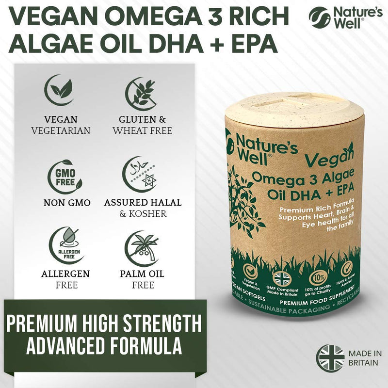 Vegan Omega 3 Algae Oil DHA + EPA, High Concentrate, 60 Vegetarian Capsules, from Sustainable Plant Based Alternative to Fish Oils, Halal & Kosher � Made in The UK by Nature�s Well (Pot) 60 Count (Pack of 1) - BeesActive Australia