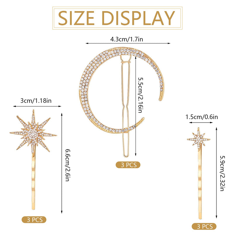 Star Moon Hair Clip Accessories Rhinestone Headdress Headwear Bobby Pins Side Clamps Grips for Women Girls Thick Thin Hair 9 Pieces - BeesActive Australia
