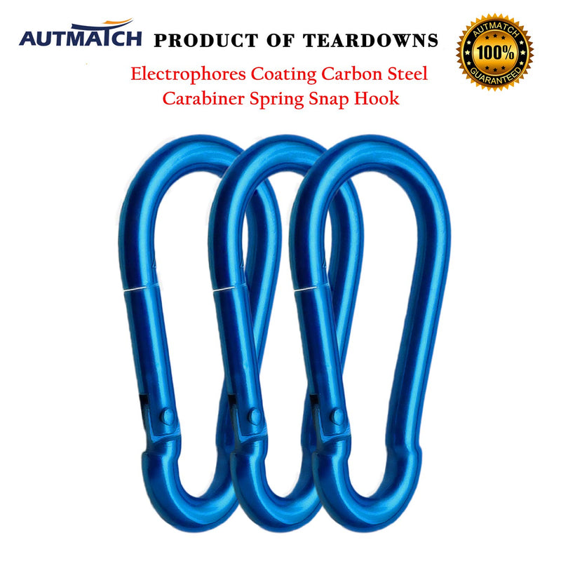 AUTMATCH 3" Metal Steel Spring Snap Hook Carabiner Link Buckle Pack Grade Heavy Duty Quick Link for Camping Fishing Hiking Traveling Pack of 3 and Silver or Black M8 - 5/16" (8 X 80mm) Carbon Steel - Blue - BeesActive Australia
