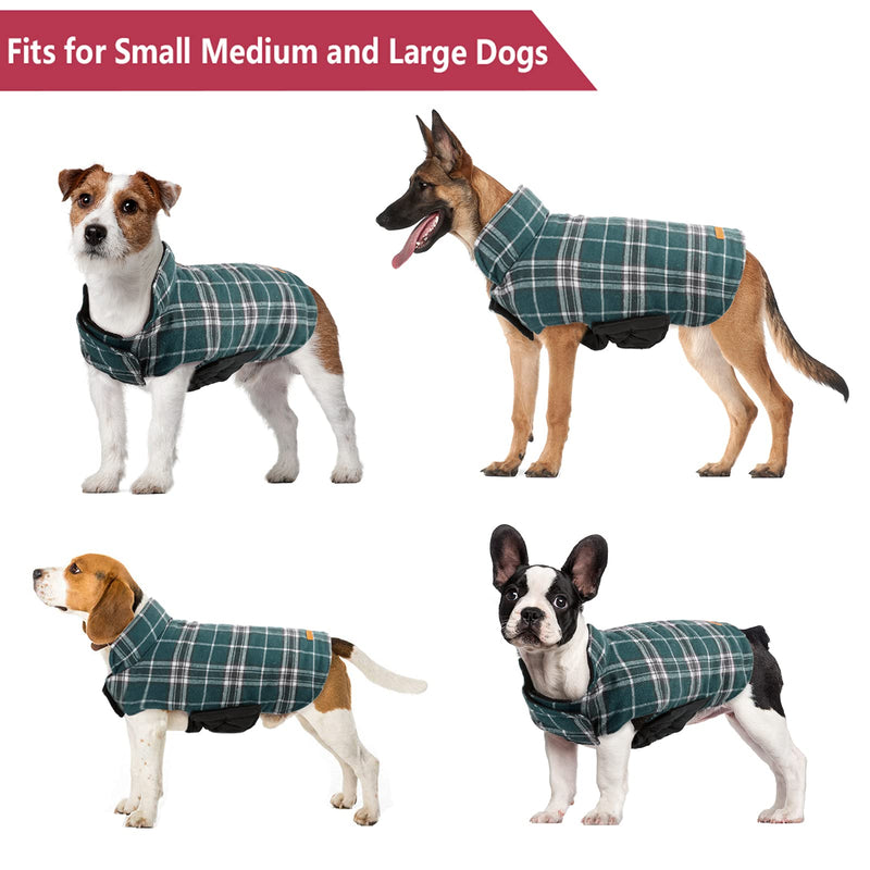 Kuoser Cozy Waterproof Windproof Reversible British Style Plaid Dog Vest Winter Coat Warm Dog Apparel for Cold Weather Dog Jacket for Small Medium Large Dogs with Furry Collar (XS - 3XL) Medium (Pack of 1) Green - BeesActive Australia