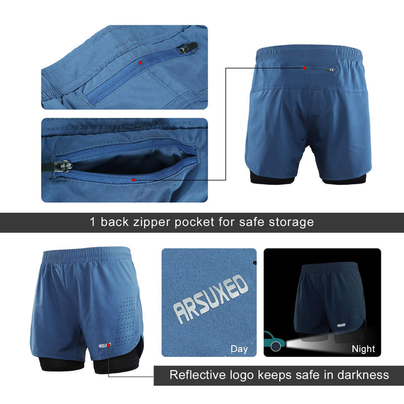 [AUSTRALIA] - ARSUXEO Men's Active Training Running Shorts 2 in 1 Blue Medium 