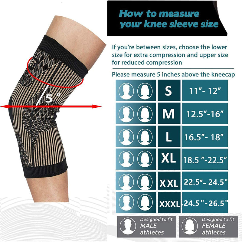 SHENGYADE Copper Knee Braces for Knee Pain Men and Women, Copper Compression Knee Sleeves for Knee Pain, Arthritis, ACL, Knee Support for Sport, Working, Running, Workout, Tennis, Cycling Large A-Black Yellow-1PCS - BeesActive Australia