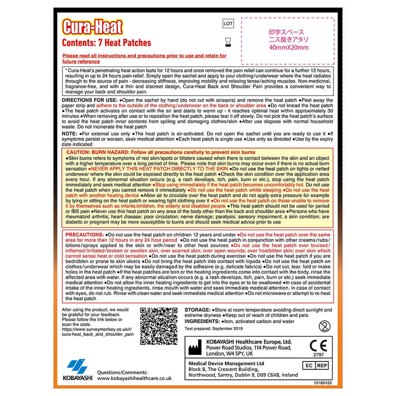 Cura-Heat Back and Shoulder Pain heat patche | 7 patches | Targeted Pain Relief | Pain relief up to 24h | Penetrating Heat Action - BeesActive Australia