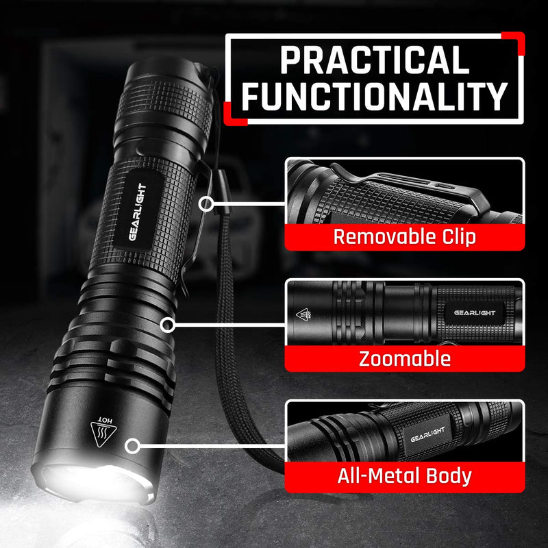 GearLight Tac LED Tactical Flashlight [2 Pack] - Single Mode, High Lumen, Zoomable, Water Resistant, Flash Light - Camping Accessories, Emergency Gear, Flashlights with Clip - BeesActive Australia