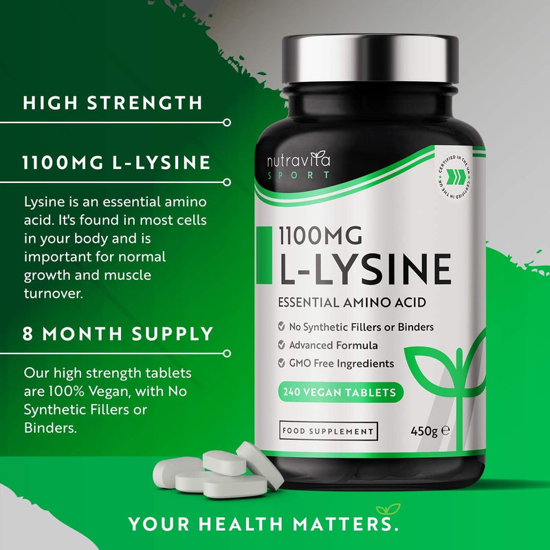 L-Lysine 1100mg High Strength - 240 Vegan & Gluten Free Tablets (8 Month Supply) - Cold Sore Treatment, Essential Amino Acid Supplement - Normal Growth and Muscle Turnover - Made in The UK - Nutravita - BeesActive Australia