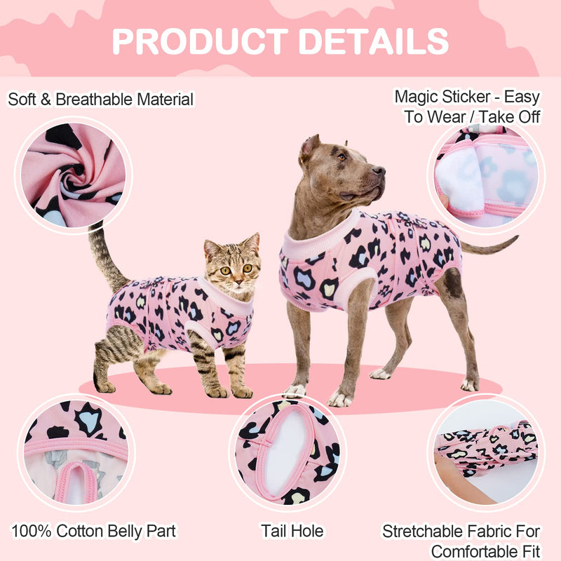 Kuoser Surgical Recovery Suit for Dogs Cats, Pet Leopard Printed Recovery Shirt After Surgery for Abdominal Wounds, Cone E-Collar Alternative Spay Bandages Onesie, Dog Anti Licking Snugly Suit Small (Back: 11.4" - 13.4"; Weight: 7 - 15LB) Pink - BeesActive Australia