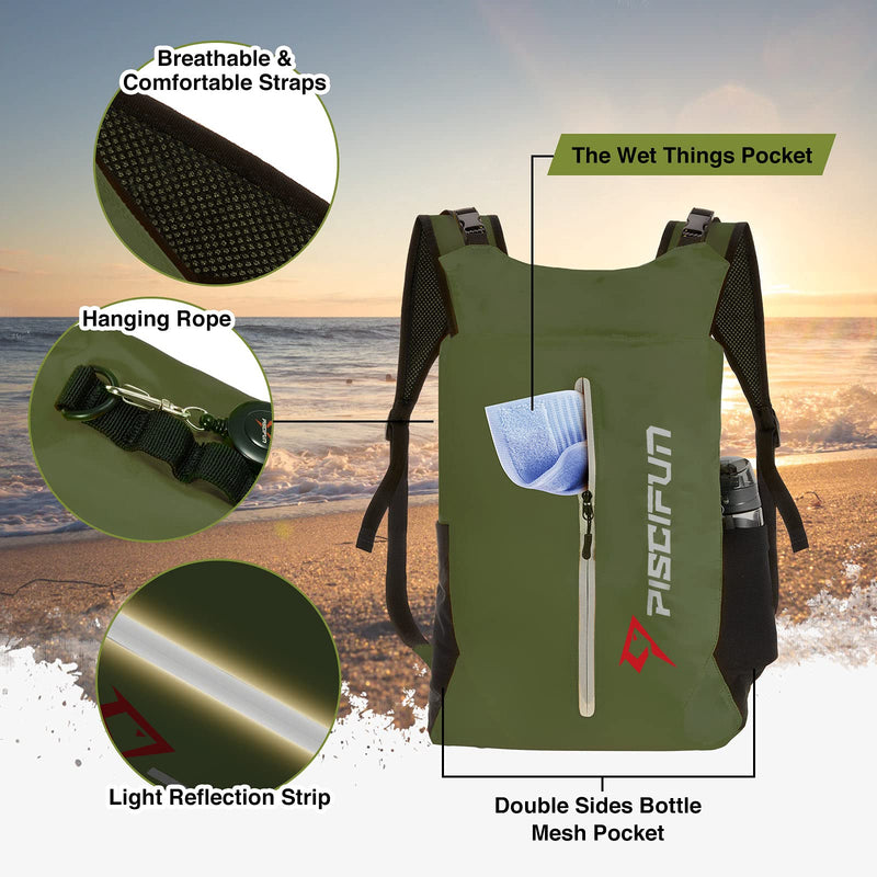 Piscifun LT Dry Bag Waterproof, Floating Dry Backpack, Lightweight Waterproof Dry Bag with Waist Pouch and Phone Case for Kayaking, Camping, Beach, Boating & Swimming for Men & Women 10l,20l,30l,40l Army Green - BeesActive Australia