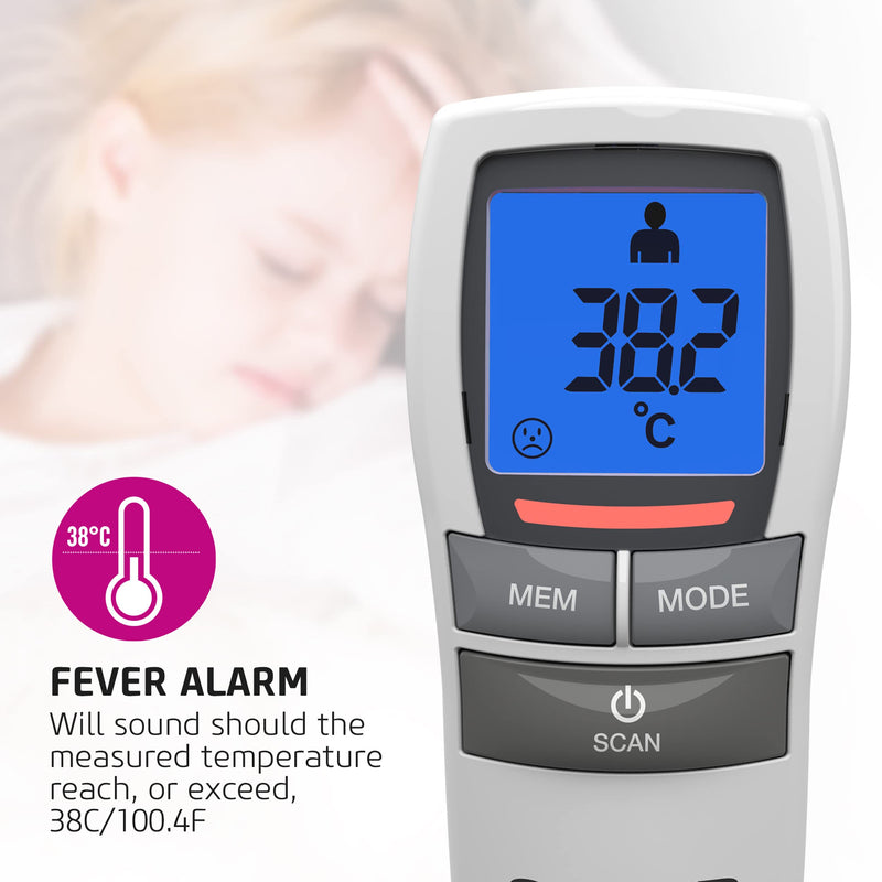 Salter TE-250-EU No Touch Infrared Thermometer, Forehead Mode, Objects and Liquids, Night Mode, Fever Alarm, 30 Memory Recall, One Second Reading, Backlit Display, For Babies/Adults, Instant/Accurate No Touch Thermometer - BeesActive Australia