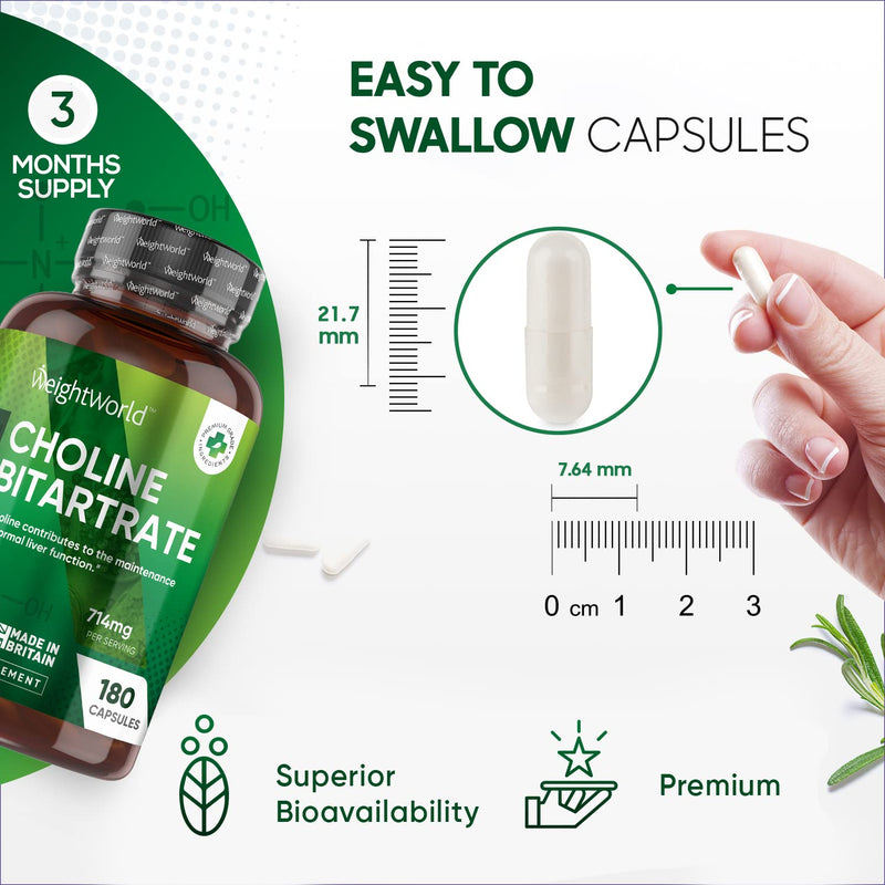Choline Supplement 714mg - 3 Months Supply (180 Vegan Choline Capsules) - Choline Bitartrate (Choline Inositol Tablets Alternative) for Greater Absorption - High Strength Vegan Liver Supplement - BeesActive Australia