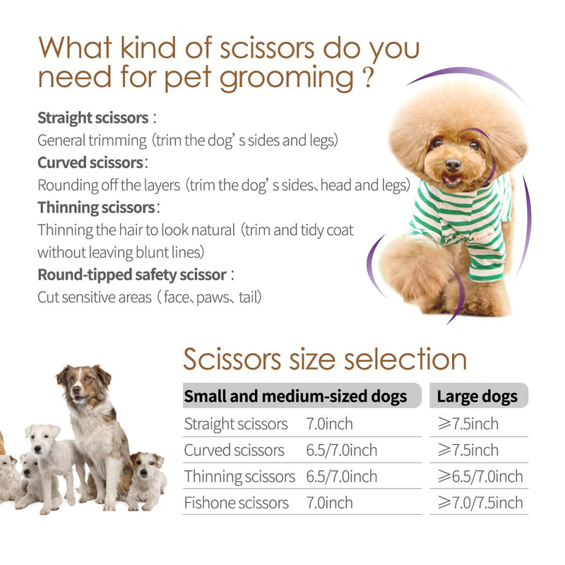 FOGOSP Professional Dog Grooming Scissors 7" 7.5 in Curved Grooming Scissors Thinning Shears for Grooming Chunker Straight Dog Grooming Shears For Groomers 6.5" Blender Gold - BeesActive Australia
