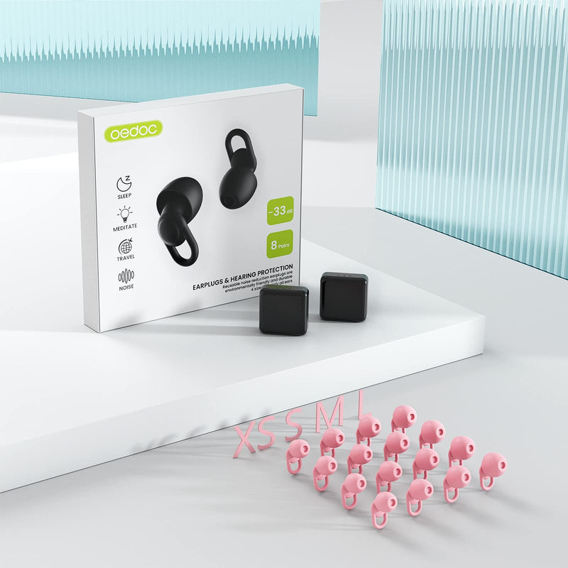Silicone Ear Plugs for Noise Reduction - Reusable Soft Comfortable Earplugs for Sleeping,Noise Sensitivity & Flights -16 Ear Tips in XS/S/M/L, with 2 Travel Boxes - 33dB Noise Cancelling(Pink) Pink - BeesActive Australia
