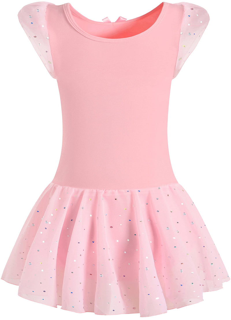 DANSHOW Girls Glitter Leotards for Ballet Dance Dress with Tutu Skirt Petal Sleeve 2-4T Skirted-short-pink - BeesActive Australia