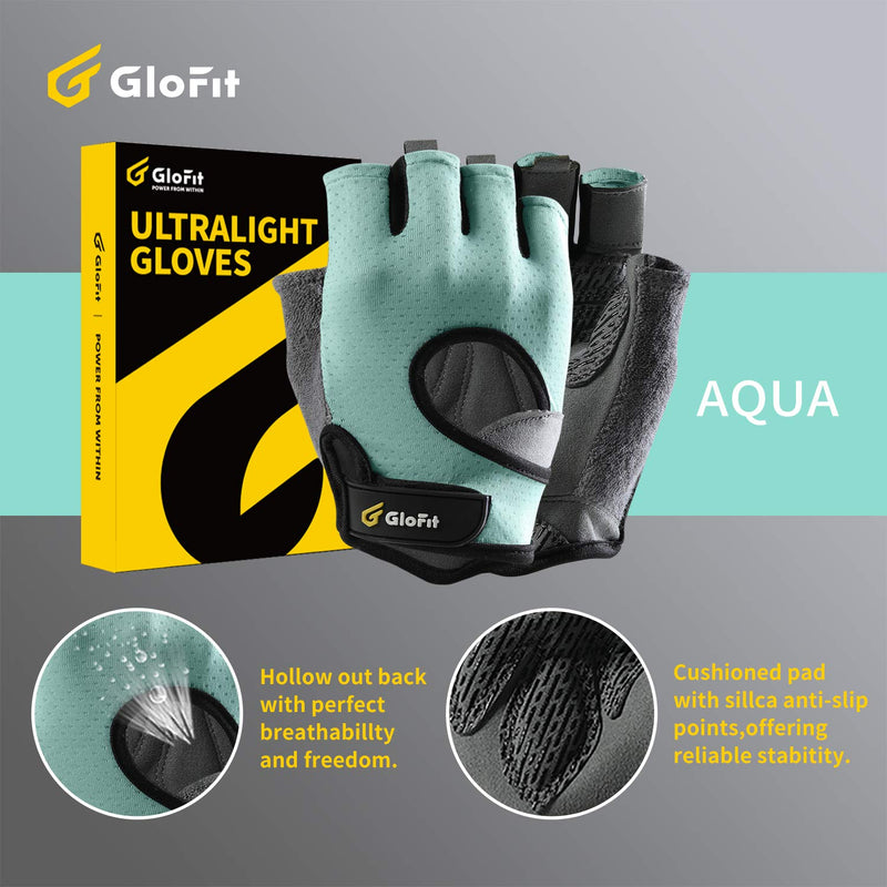 Glofit Freedom Workout Gloves, Knuckle Weight Lifting Shorty Fingerless Gloves with Curved Open Back, for Powerlifting, Gym, Women and Men Aqua Small - BeesActive Australia