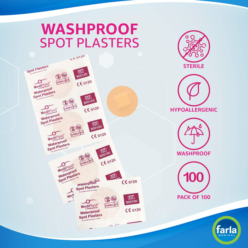 MediRange Washproof Spot Plasters, Sterile Plasters for First Aid Kit, 2.5cm Diameter, Pack of 100 100 Count (Pack of 1) - BeesActive Australia