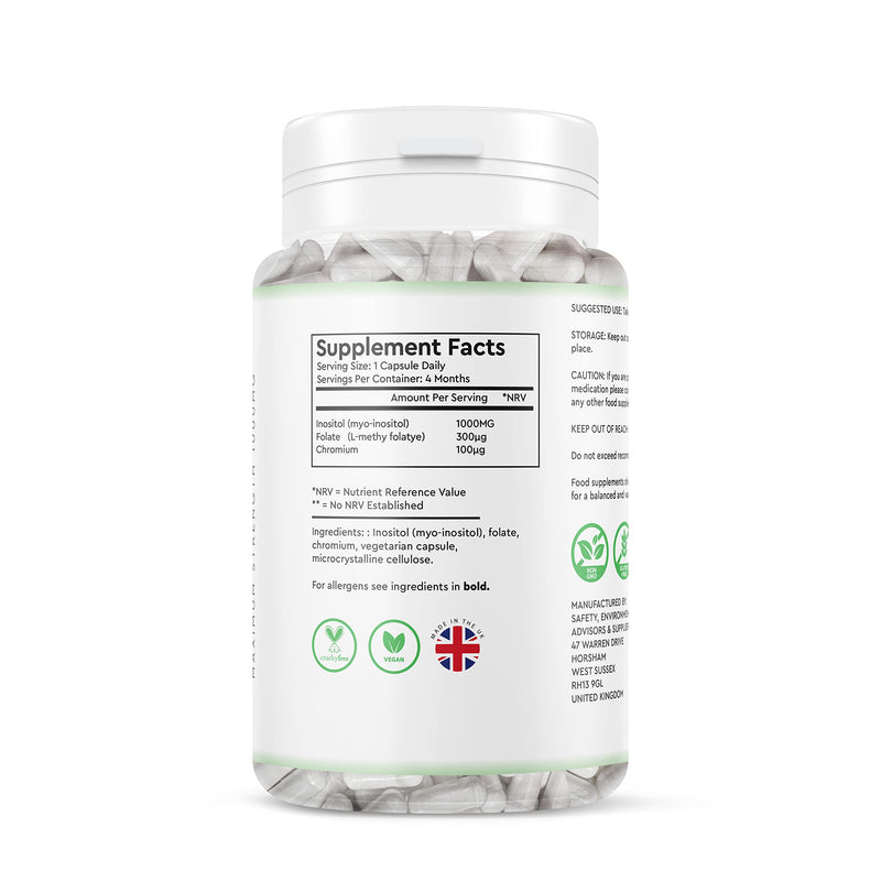 Inositol with Chromium & Folate 1000mg Vegan Capsules -120 Days Supply 4 Months - Vitamin b8 Vegan High Strength - UK Manufactured - BeesActive Australia
