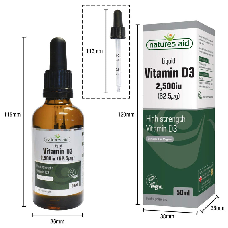 Natures Aid Vegan Vitamin D3/Cholecalciferol Liquid, 2500iu, Dropper Included, 50 ml (Pack of 1) - BeesActive Australia