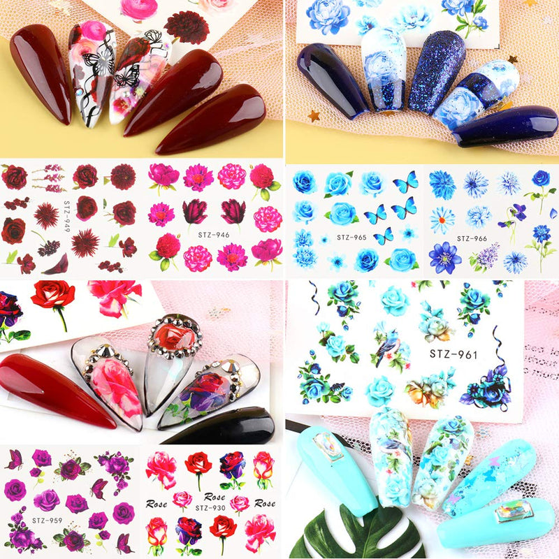 Nail Stickers for Women Nail Art Accessories Water Transfer Nail Decals Butterfly Rose Flower Nail Art Stickers Acrylic Manicure Nails Supply Nail Art Design DIY Decorations (24 Sheets) - BeesActive Australia