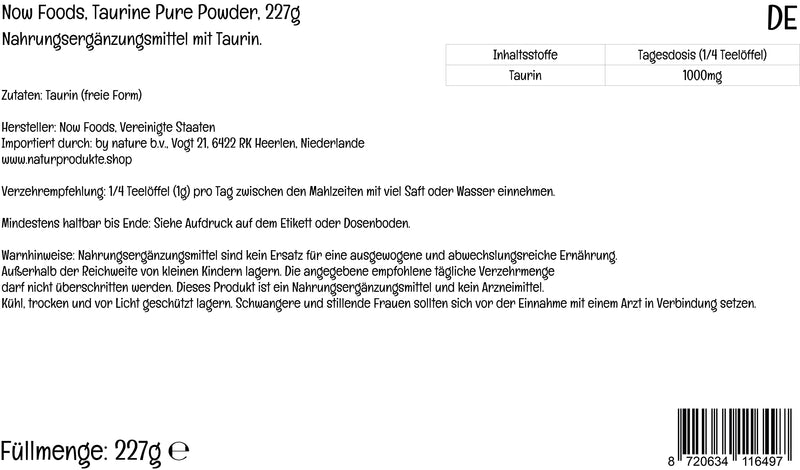 Now Foods, Taurine, Free Form, 227g Vegan Powder, Lab-Tested, Soy Free, Gluten Free, Non-GMO, Vegetarian - BeesActive Australia