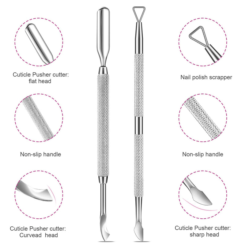 Premium Cuticle Pusher and Gel Polish Remover Set with Nail Files, Professional Grade Stainless Steel Cuticle Remover, Durable Pedicure Manicure Tools Nail Care Kit for Fingernails Toenails Silver - BeesActive Australia