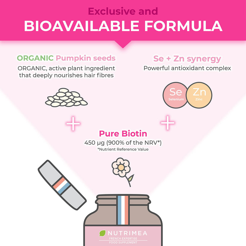 Biotin Hair & Nail Growth Supplement - Enriched with Zinc & Selenium - Contributes to Skin Care - 120 Vegan Capsules - French Expertise - BeesActive Australia