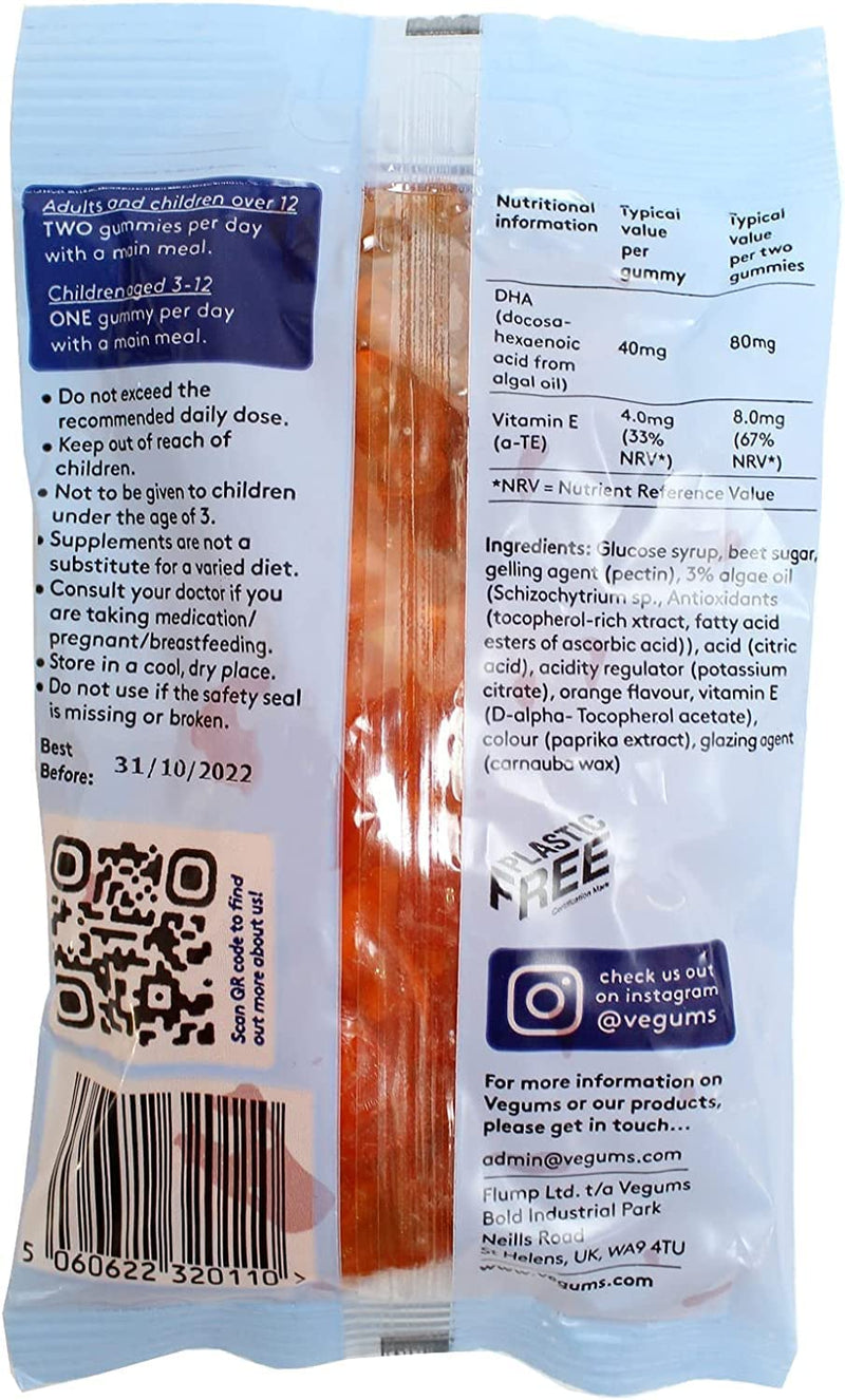 Vegums Fish-Free Omega-3 for Kids and Adults | 30 Orange-Flavoured Food Supplement Gummies with Omega-3 (DHA) Sourced from Marine Algae & Vitamin E | Suitable for Vegans and Vegetarians 30 Count (Pack of 1) - BeesActive Australia