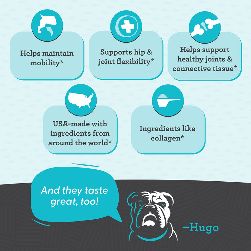 Meg & Hugo Hip & Joint Supplement for Dogs, 33% More 120 Soft Chews with Glucosamine, Chondroitin, Collagen, MSM, Turmeric, Hyaluronic Acid, Flaxseed, Vitamin C & E, Mobility Chews, Vet Recommended - BeesActive Australia