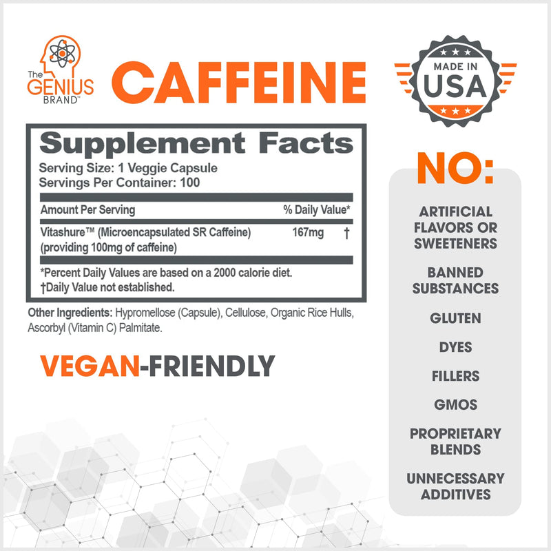 Genius Caffeine Pills 100mg, Extended-Release Microencapsulated Caffeine Pills - All-Natural Non-Crash Sustained Energy, Focus & Concentration Supplement - Nootropic Brain Booster - 100 Capsules - BeesActive Australia