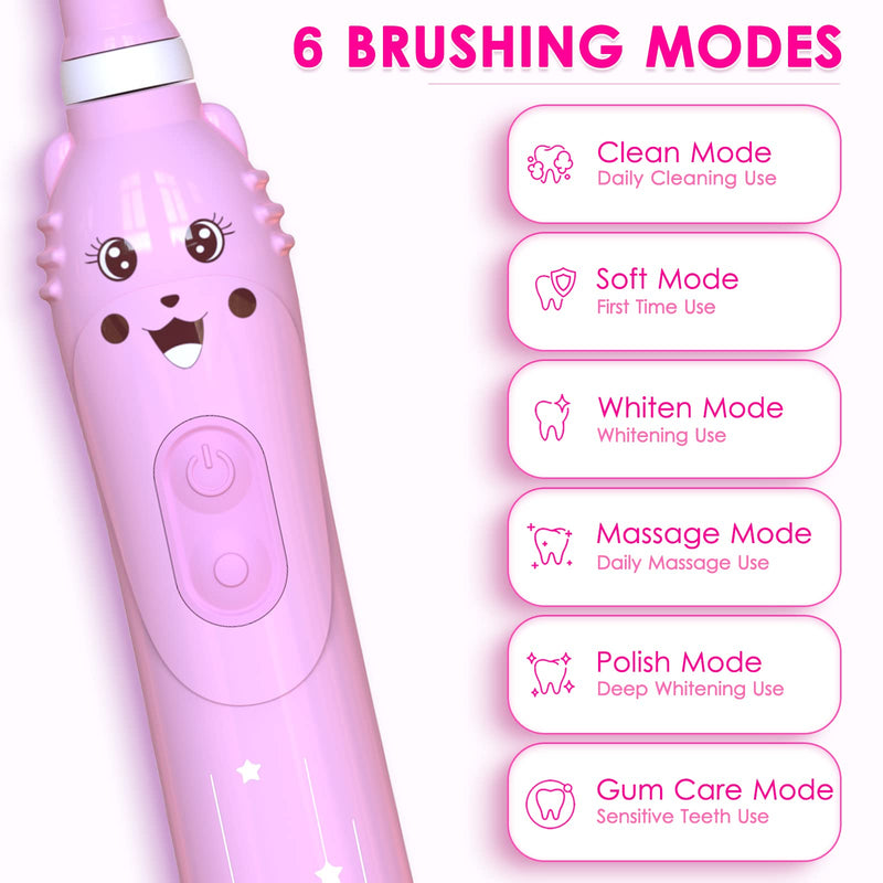 Kids Sonic Electric Toothbrush, Rechargeable Smart Toothbrush for Children, Toothbrush for Toddlers Boys Girls Age 3-12 with 30s Reminder, 2 Mins Timer, 6 Modes, 6 Brush Heads, Wall-Mounted Holder 8650 Pink+ 6 Heads+ Holder - BeesActive Australia