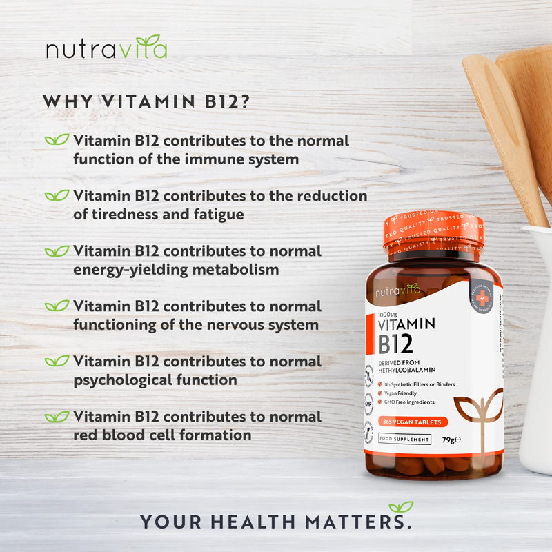 Vitamin B12 1000mcg - 365 High Strength Vegan Tablets (1 Year Supply) - Max Strength B12 Supplement - Contributes to The Reduction of Tiredness and Fatigue - Made in The UK by Nutravita 365 Count (Pack of 1) - BeesActive Australia