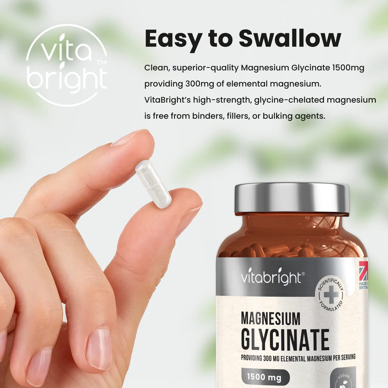 Magnesium Glycinate (Bisglycinate) - 1500mg High Strength - 180 Capsules (3 Month Supply) - Vegan Premium Magnesium Capsules - Providing 300mg Elemental Magnesium Supplement - Made in UK by VitaBright - BeesActive Australia