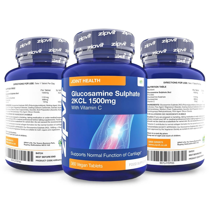 Glucosamine Sulphate 2kcl 1500mg with Vitamin C, 360 Vegan Glucosamine Sulphate Tablets. Maintains Normal Joint Cartilage. 12 Months Supply Glucosamine Sulphate 1500mg. UK Supplier. 1500mg Glucosamine 360 Tablets - BeesActive Australia
