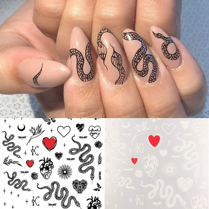 6 Sheets Hot Snake Dragon 3D Self-Adhesive Nail Art Stickers,Black White Python Flower Dragon Love Leaves Nail Decals for Acrylic Nail Supplies,DIY Cool Street Fashion Nail Decorations - BeesActive Australia