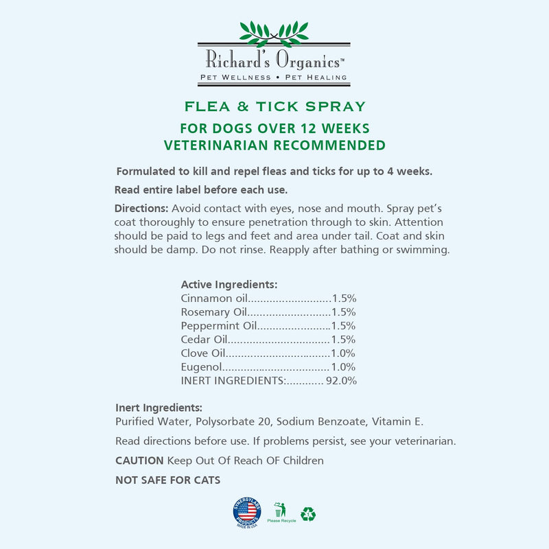 Richard’s Organics Gentle Flea and Tick Spray for Dogs –100% Natural Actives Kills Fleas, Ticks, Repels Mosquitos for Up to 4 Weeks – No Harsh Chemicals, Safe for Use Around Children (12 oz) - BeesActive Australia