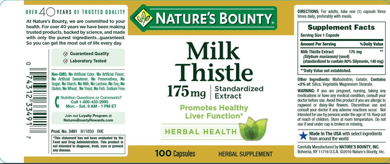 Milk Thistle by Nature's Bounty, Herbal Health Supplement, Supports Liver Health, 175mg, 100 Softgels - BeesActive Australia