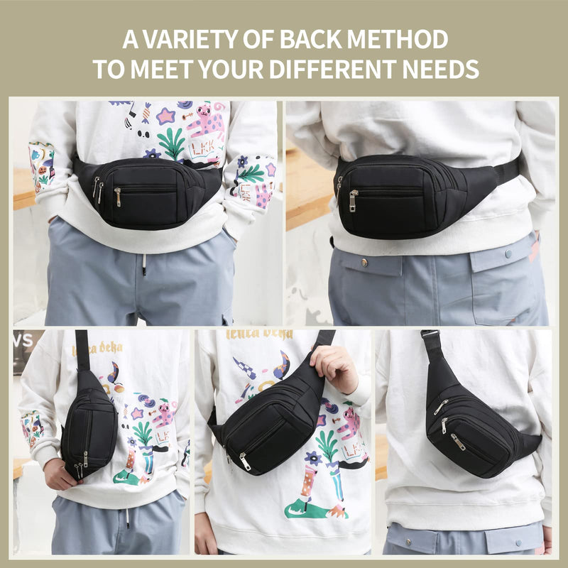 DAITET Crossbody Fanny Pack for Men&Women,Large Waist Bag & Hip Bum Bag with Adjustable Strap for Outdoors Workout Traveling Casual Running Hiking Cycling(Black) A Zipper Black Nylon - BeesActive Australia