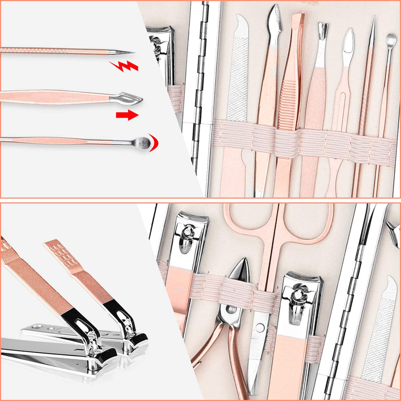 Podazz 12-Piece Manicure Set, Special Stainless Steel Nail Clippers for Women, Pedicure Tool, Suitable for Travel/Home and Household Portable-Rose Gold - BeesActive Australia