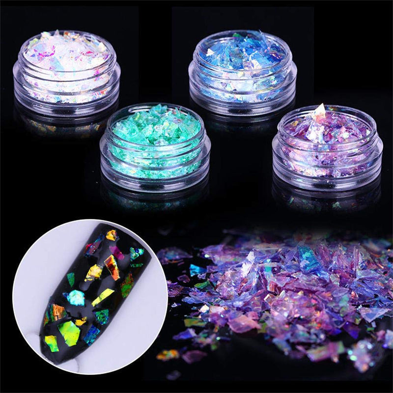 Holographic Mermaid Nail Sequins Chunky Glitter,Fluorescent Glass Paper, Ultra-Thin Iridescent Flakes Glitters Sticker, Face Eyes Body Hair Nail Art Paillette Decor(4 boxs) 4 box Fluorescent Glass Paper - BeesActive Australia