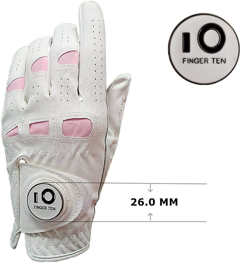 FINGER TEN Women’s Leather Golf Glove with Ball Marker Extra Grip 1 Pack, Left Right Hand Pink Fit Woman Girl, Size Small Medium Large XL 1 Pair - BeesActive Australia